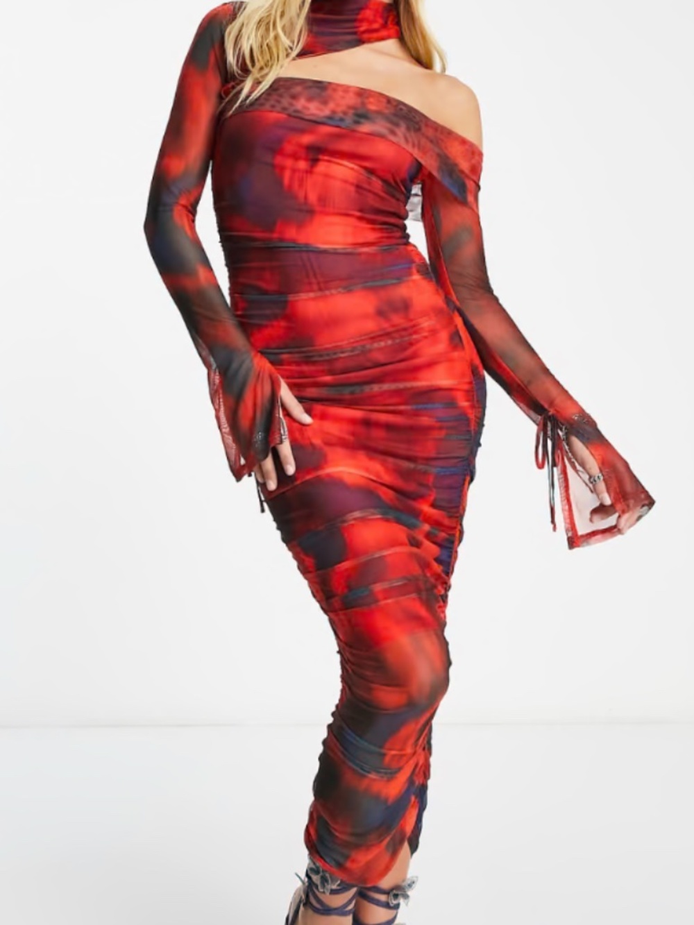 ASOS Design Red and Dark Blue Abstract Swirl Mesh Maxi Dress Sz 4